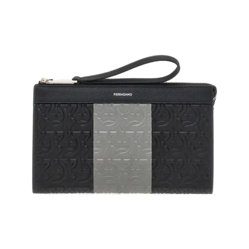 FERRAGAMO GANCINI Hammered Текстура Коровья кожа Клатч Мужской Черный Серебряный