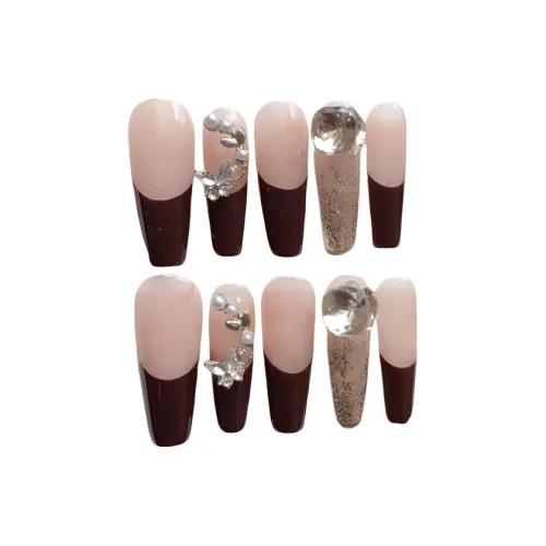 Еще несколько милых Кокетливый стиль Осветляющий Французский Бабочка Сверкающий страз False Nail Трапециевидный Соус Красный Нюд