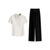 Apricot Short-Sleeved Two-Piece Set (Black Pants)  
Абрикос Короткий рукав Двухкомпонентный комплект (Черные штаны)