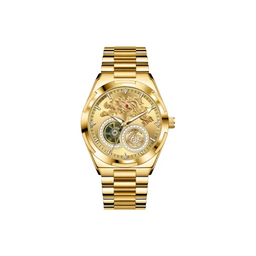 LOUIE JUELEN Дракон Radiance Автоматический Механический Механизм Ремешок из Нержавеющей Стали Часы Мужские Часы Золотой Циферблат