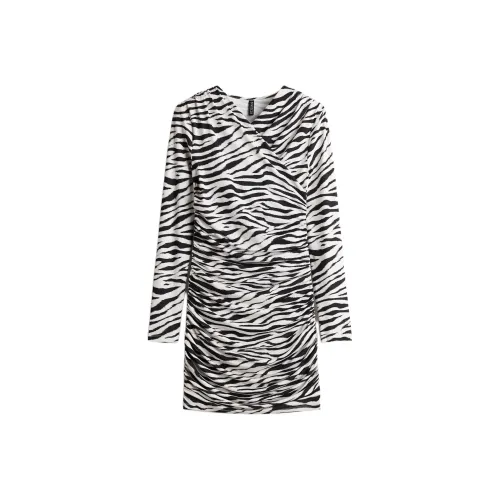 H M Белый Зебра с принтом Женские Длинные Платья с длинными рукавами