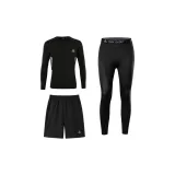 Черный флисовый трехпредметный комплект (Длинный рукав топ + штаны + шорты)