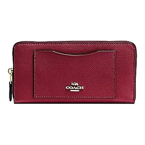 COACH Accordion Zip Wallet Крестовая текстура Кожа Кошелек Маленький Женский Вишнево-красный