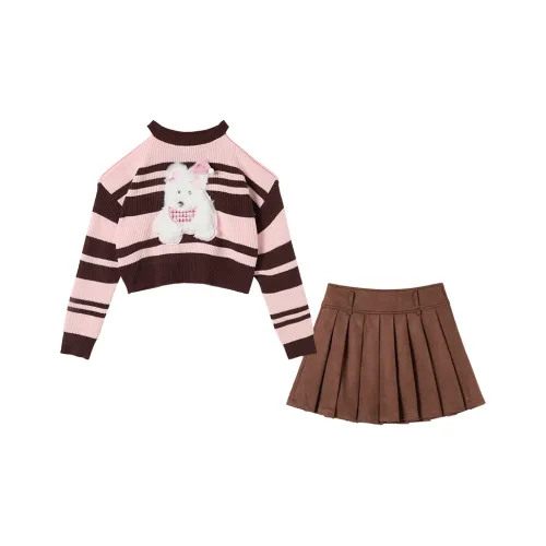 FABRIC PIG Розовые полосы Свитер + Коричневая Юбка + Гетры Женские Комплекты с юбкой