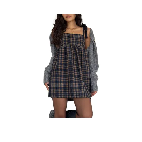 Motel Rocks Mikayla Воротник-клетка Мини Платье Темно-синий и Горчичный Check Slip Платье Женское