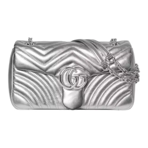GUCCI GG Marmont Кожа Плечевая Сумка Средняя Женская Серебряная
