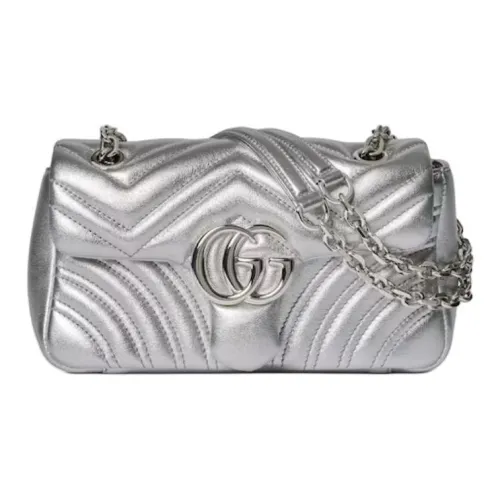 GUCCI GG Marmont Кожа Плечевая Сумка Маленькая Женская Серебряная