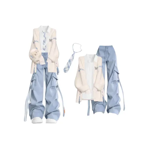 HANLEINA Белый Бабочка Свитер+Рубашка+С флисовой подкладкой Синий Брюки карго Женские Повседневные костюмы