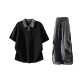 Чёрный топ + тёмно-серые штаны