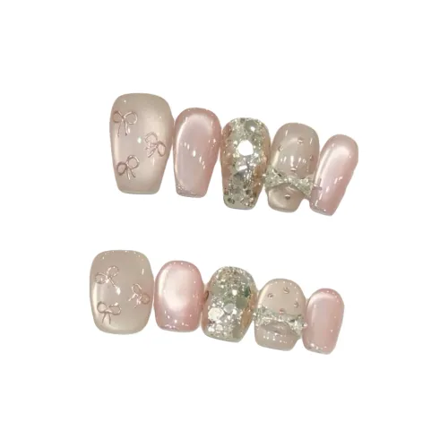 T Z Премиум Кошачий глаз Блестящий розовый Бант Ледяная прозрачность False Nail Укороченный Квадрат Румяна Blending Телесный Стразы Украшенный