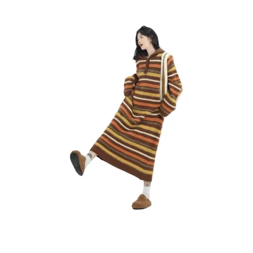 Полосатый KNIT Юбка Женские Длинный Рукава Платья