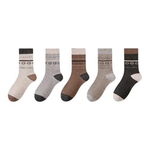 2323 [Fair Island Collection Snowflake Pattern 5 Pack] Светло-Кофейный + Светло-Серый + Черный + Хаки + Бежевый Унисекс MID Носки до икры
