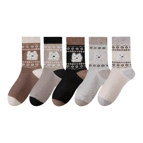 2323 [Fair Остров Color Series Щенок Узор 5 пар] Бежевый + Светло-серый + Хаки + Светло-кофейный + Черный Унисекс MID Носки до икры