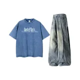 Вымытый синий с короткими рукавами + винтажные синие джинсы с ножевыми краями