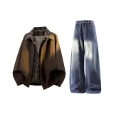 Кофейное пальто + темно-синие штаны