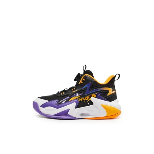 XTEP Противоскользящий Легкий Амортизация MID Топ Баскетбольные кроссовки Черный Фиолетовый Внешний Свет Детский