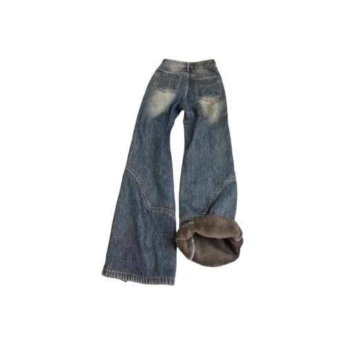 Мед Винтажный Синий С Флисовой Подкладкой Женские Джинсы