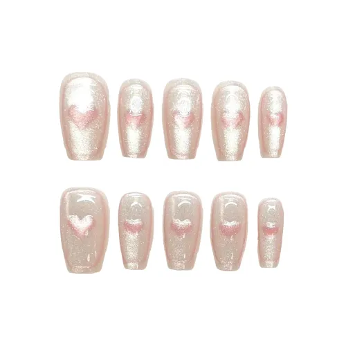 T Z Сердцебиение Кожа Ухаживающая Кошачий глаз False Nail Миндаль MID Длина Заостренный Ледяной Прозрачный Розовый Румяна Стиль Инстаграм