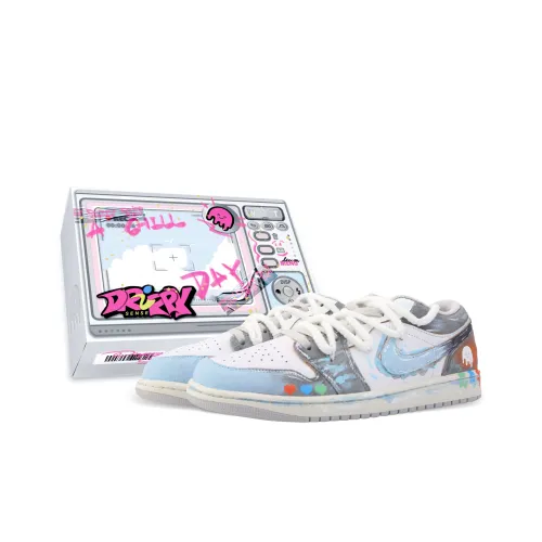 Jordan Air Jordan 1 Drippy Cyber Jellyfish Устойчивый к истиранию Низкий Топ Винтажные баскетбольные кроссовки Мужские Серый Синий