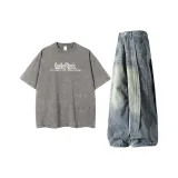 Выстиранный Серый Короткий Рукав + Винтажный Синий Нож-Край Джинсы