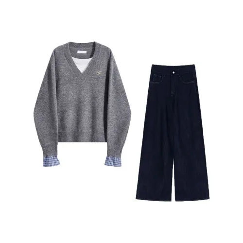 IQC Серый + Темно-синий Женские Повседневные Костюмы