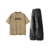 Washed Khaki Короткий рукав + Черные изогнутые джинсы