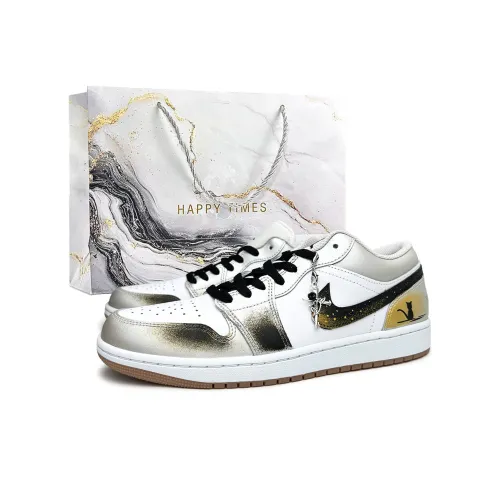 Jordan Air Jordan 1 Темно-ночной Позолоченный Устойчивый к истиранию Низкий Топ Винтажные Баскетбольные Кроссовки Мужские Черный Золото Серебряный