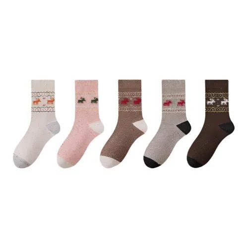 2323 [Рождество ATMOSPHERE Лось Узор 5 пар] Бежевый + Розовый + Хаки + Светлый Кофейный + Темный Кофейный Унисекс MID Носки до икры