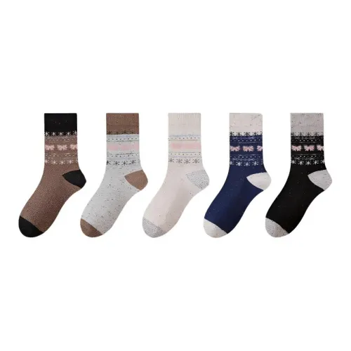 2323 [Fair Island Collection Бант Узор 5 пар] Бежевый + Светло-серый + Синий + Светло-кофейный + Черный Унисекс MID Носки до икры