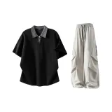 Чёрный топ + экрю штаны