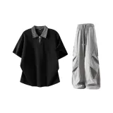 Чёрный топ + Светло-серые штаны