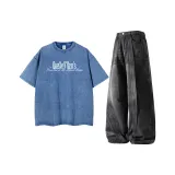 Washed Blue Short-Sleeved + Black Curved-Blade Jeans  
Вымытый Синий Короткий Рукав + Черный Изогнутый-Лезвие Джинсы