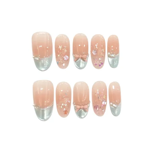 XIAMEIYU Sweetheart Knot Crystal Crushed Stone Summer Refreshing French False Nail Oval Cat Eye Nude Coquette