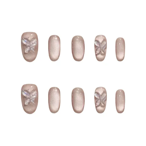 XIAMEIYU Ice Crystal Butterfly Sweetheart Soft Clear Cat Eye Handcrafted False Nail Oval Cropped Nude Solid Color