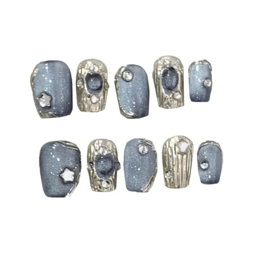 XIBI BUCCELLATI Синий Кошачий глаз False Nail Короткий LADDER Мелкие блестки Coquette 15 мм