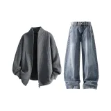 Серый топ + синие штаны