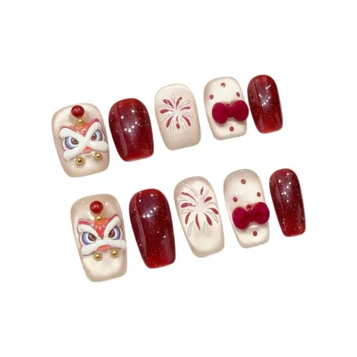 RUIJIN Китайский стиль Красный Лев Фейерверк Кошачий глаз Велюр Бабочка Handcrafted False Nail Премиум Feel