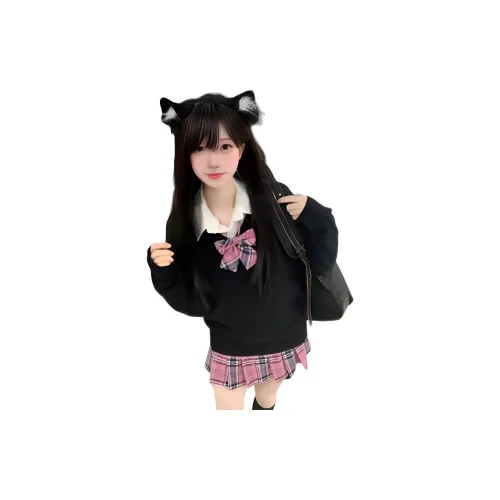 FEIFEIKA Комплекты одежды Черный Свитер+Длинный рукав+Галстуки-бабочки+Ягодная клетка Юбка Женская Униформа