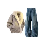 Серый кофейный топ + винтажные синие штаны