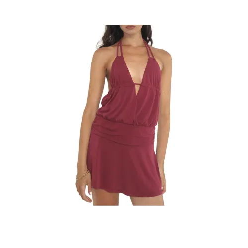 Motel Rocks Senara Cinch Waist Halterneck MI Dress Burgundy Slip Dress Women's
