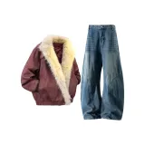 Тёмно-красный топ + винтажные синие штаны