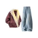 Темно-красный топ + светло-синие штаны