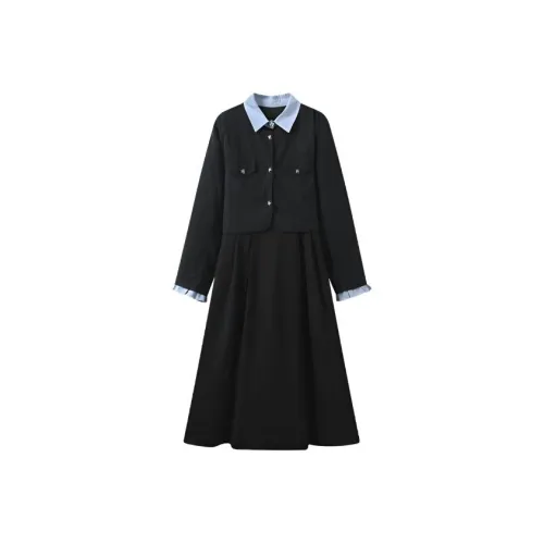 INCO VIBE Черное платье + пальто [Двухкомпонентный комплект] Женские комплекты с юбкой