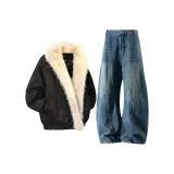 Чёрный топ + винтажные синие штаны