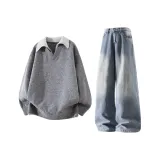 Темно-серый топ + синие штаны