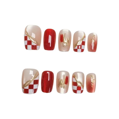 T Z Роскошь Шахматный узор Колорблок Шоколадные Мелкие блестки False Nail Укороченный Длинный Красный Смужка Клетчатый