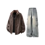 Кофейный топ + штаны с флисовой подкладкой желтого цвета