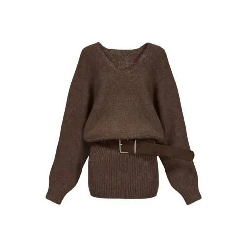 MOONCORE Кофейный Коричневый [Свитер Юбка + Ремень] Женские Длинные Рукава Платья