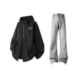 Комплект одежды (Чистая Черная Ветровка + Дымчато-Серые Штаны)