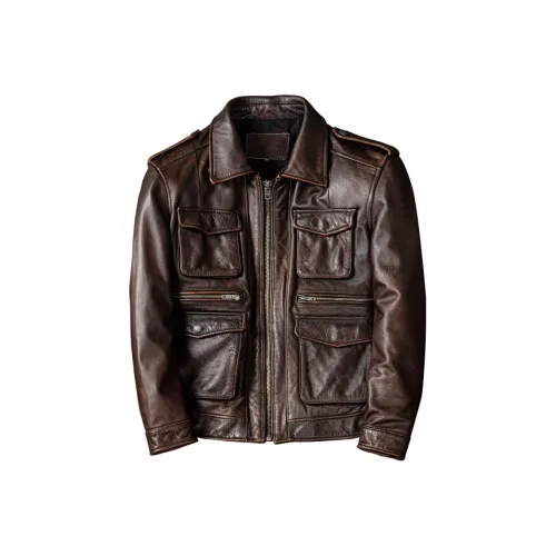 HJ Красный Коричневый Мужская Кожаная Куртка